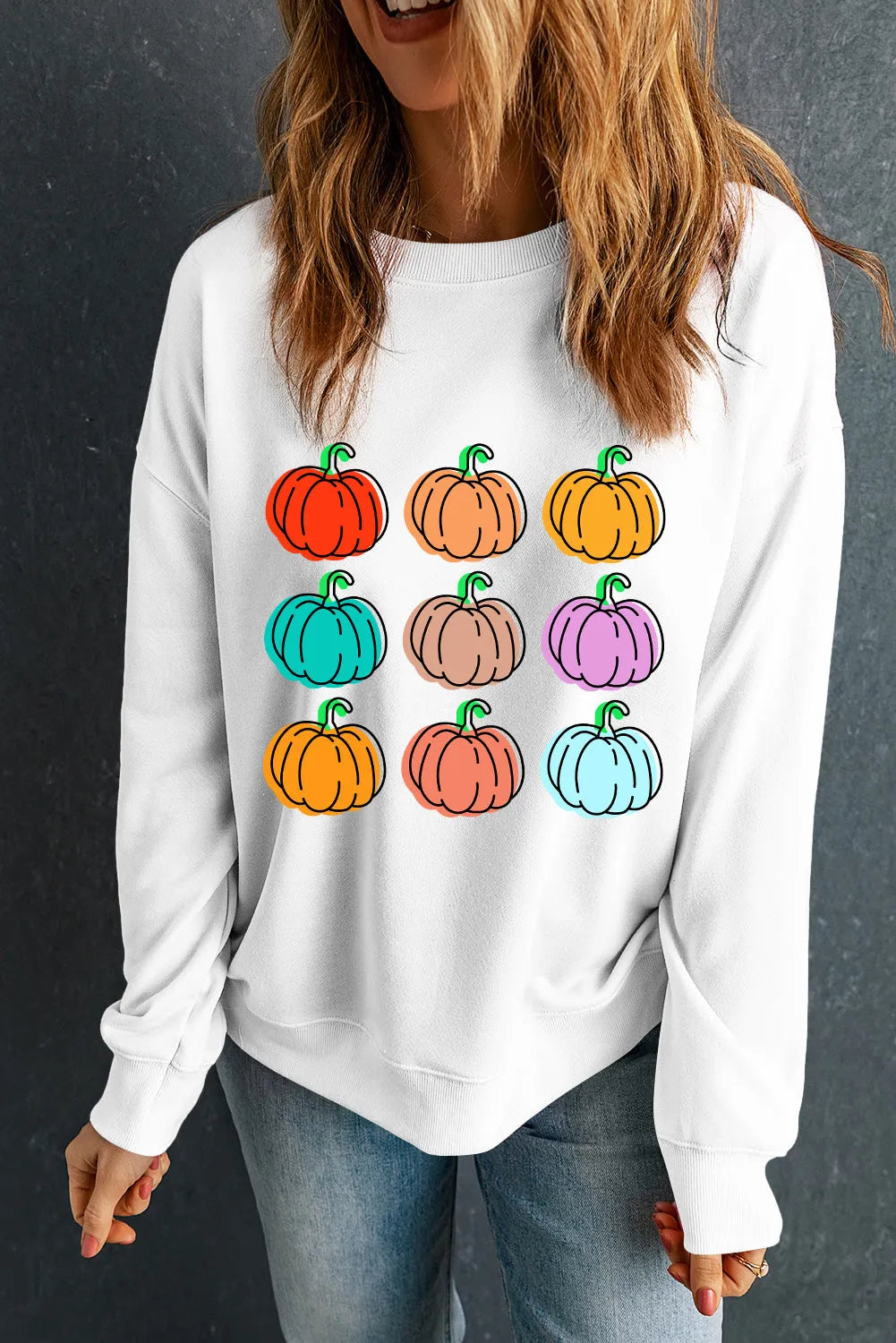 Beige Vibrant Pumpkins Print Crew Neck Halloween Sweatshirt - Chic Meadow Boutique 