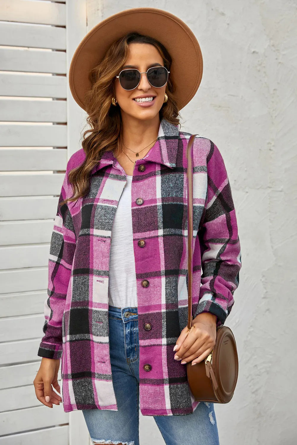 Rose Plaid Print Buttoned Shirt Jacket - Chic Meadow Boutique 