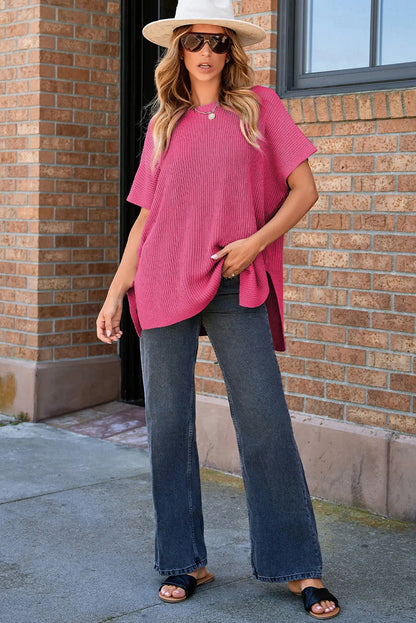 Rose Red Short Sleeve Side Slit Oversized Sweater - Chic Meadow Boutique 