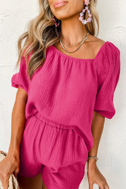 Bright Pink Crinkled Textured Square Neck Puff Sleeve and Shorts Set - Chic Meadow Boutique 