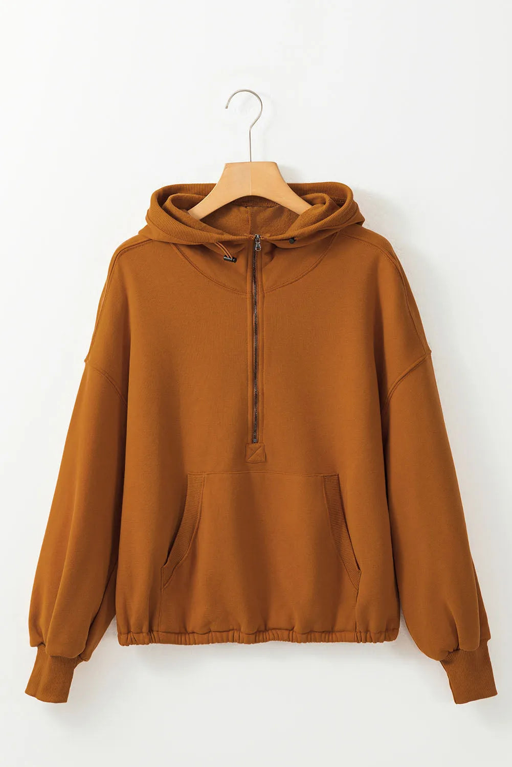 Brown Ribbed Trim Kangaroo Pocket Zipped Hoodie - Chic Meadow Boutique 