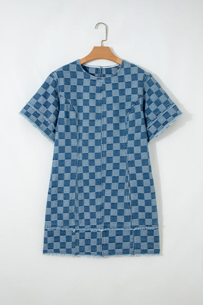 Sky Blue Frayed Hem Checkered Denim Mini Dress