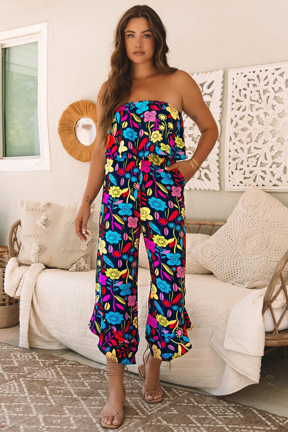 Bottoms/Jumpsuits & Rompers Red Mix Tropical Print Strapless Ruffled Jumpsuit