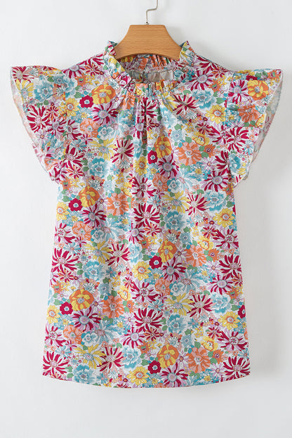 Multicolour Floral Pleated Detail Flutter Sleeve Blouse