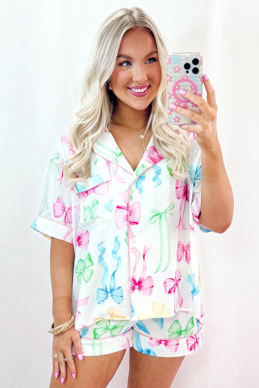 Loungewear & Sleepwear/Sleepwear White Bowknot Print Buttoned Shirt High Waist Shorts Pajama Set