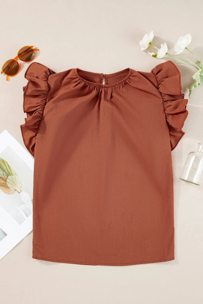 Red Sandalwood Ruffle Trim Sleeveless Blouse - Chic Meadow Boutique 