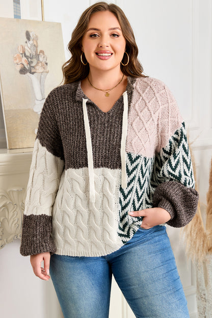 Brown Plus Size Color Block Patchwork Knotted Back Loose Fit Sweater