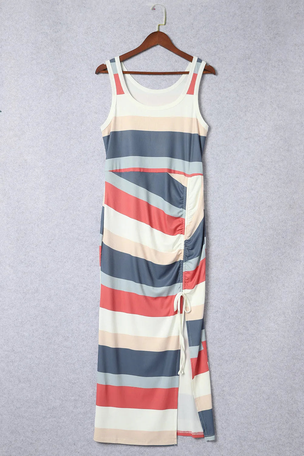 Multicolor Striped Color Block Ribbed Knit Lace-up Slit Tank Dress - Chic Meadow Boutique 