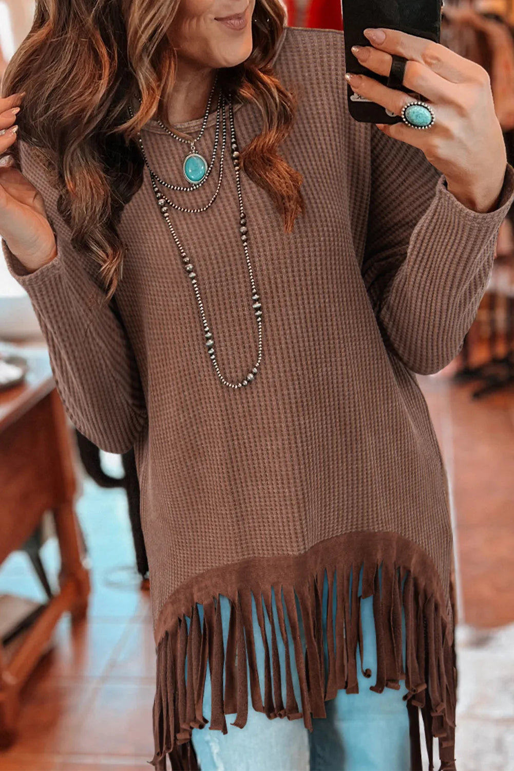 Coffee Waffle Knit Fringed High Low Loose Top - Chic Meadow Boutique 