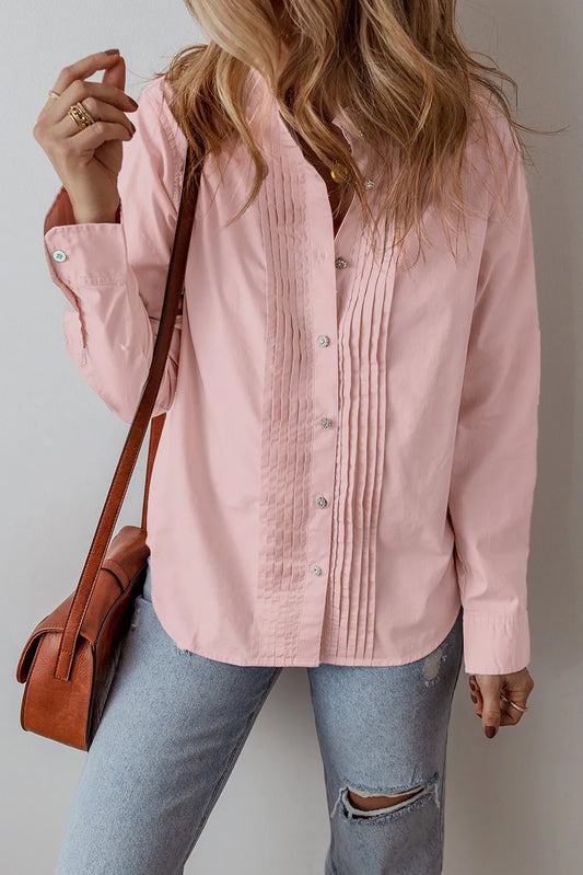 Light Pink Pleated Button-Up Loose Fit Casual Shirt - Chic Meadow Boutique 