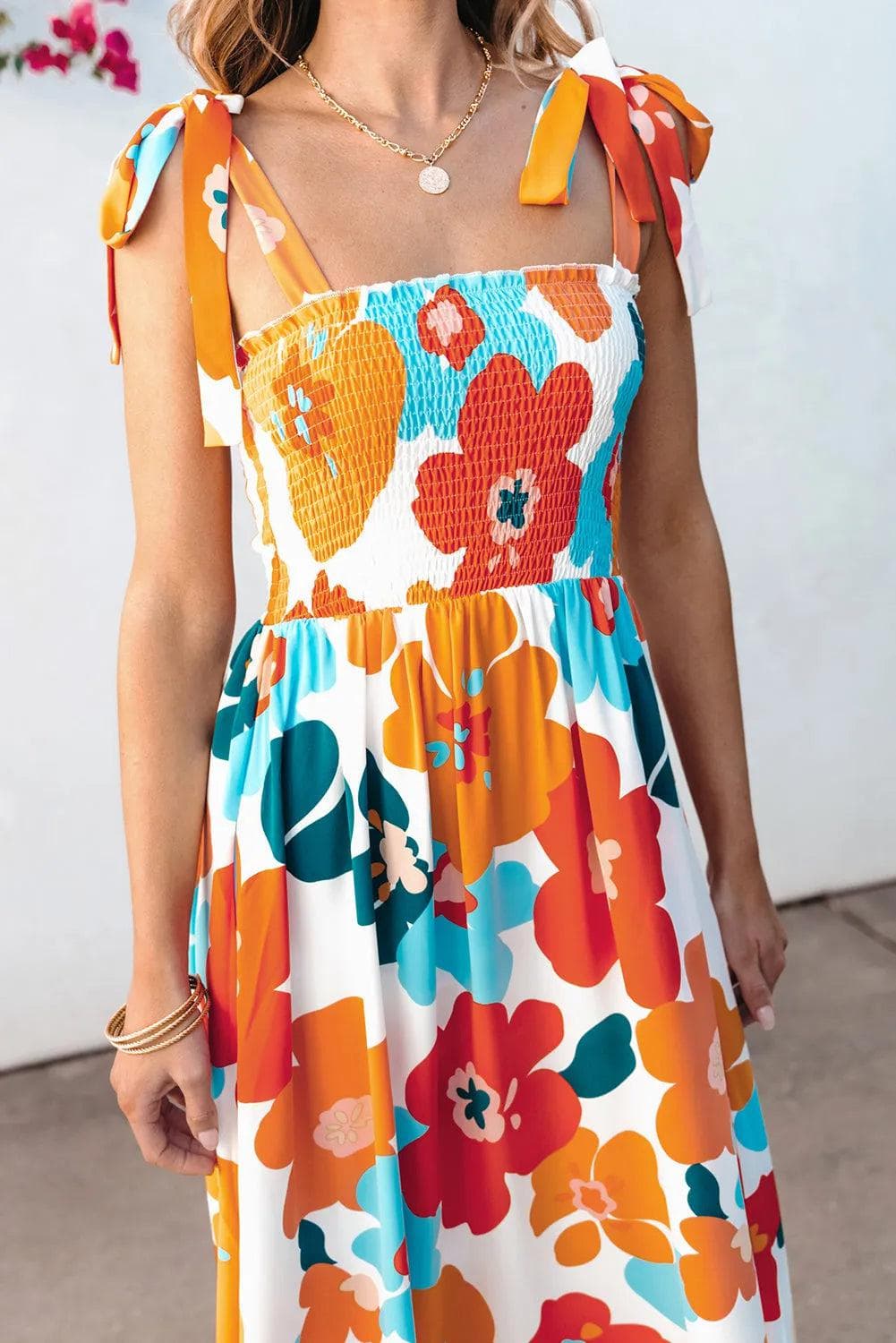 Dresses/Floral Dresses Orange Floral Self Tied Straps Smocked Bust Maxi Dress