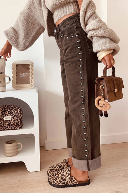 Coffee Studded Detail Straight Leg Casual Loose Jeans