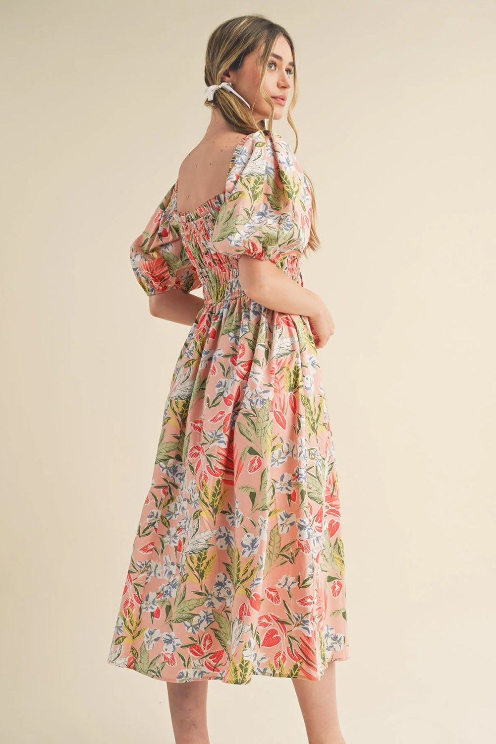 Apricot Pink Floral Smocked Bust Bubble Short Sleeve Maxi Dress