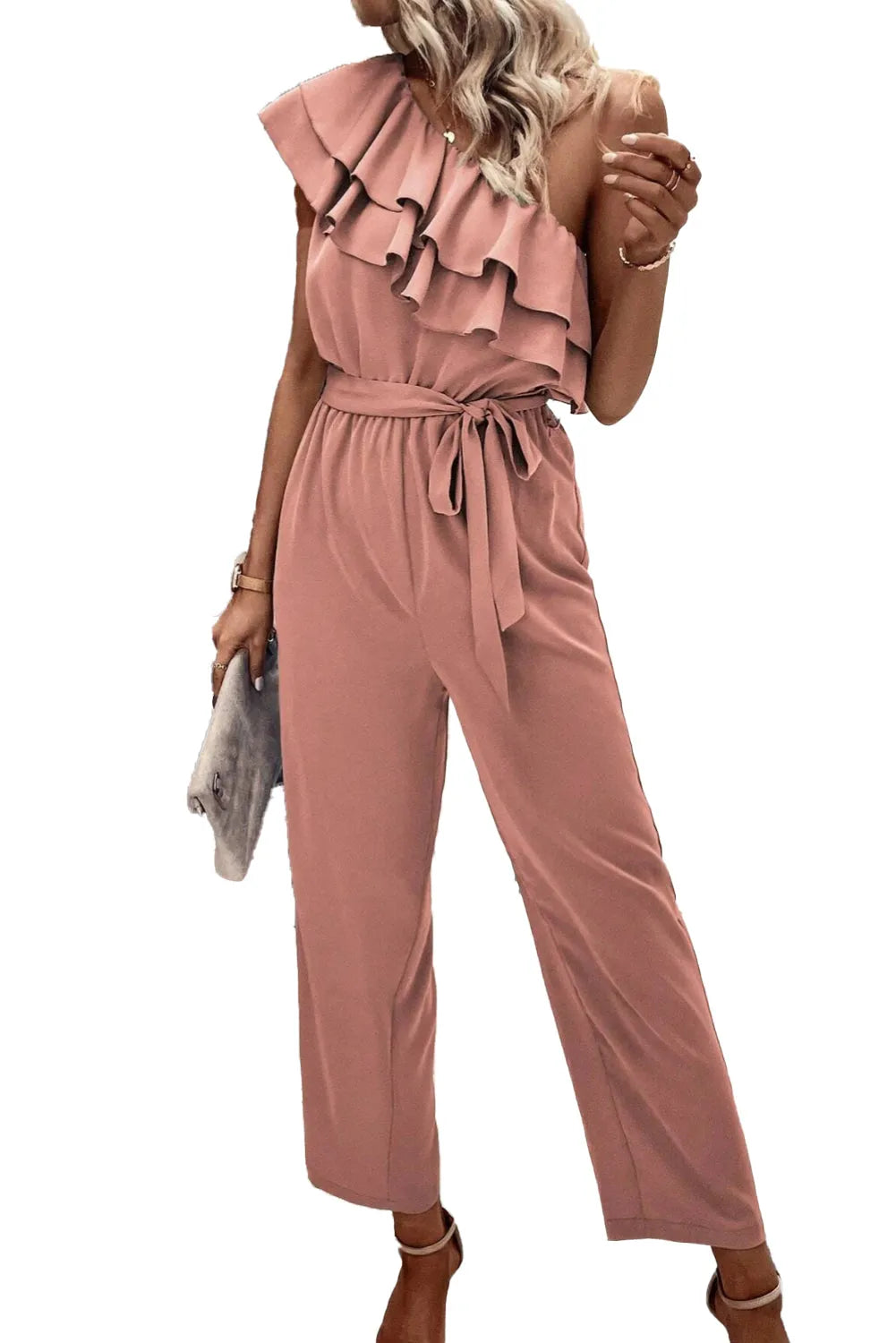 Dusty Pink One Shoulder Ruffle Trim Belted Jumpsuit - Chic Meadow Boutique 