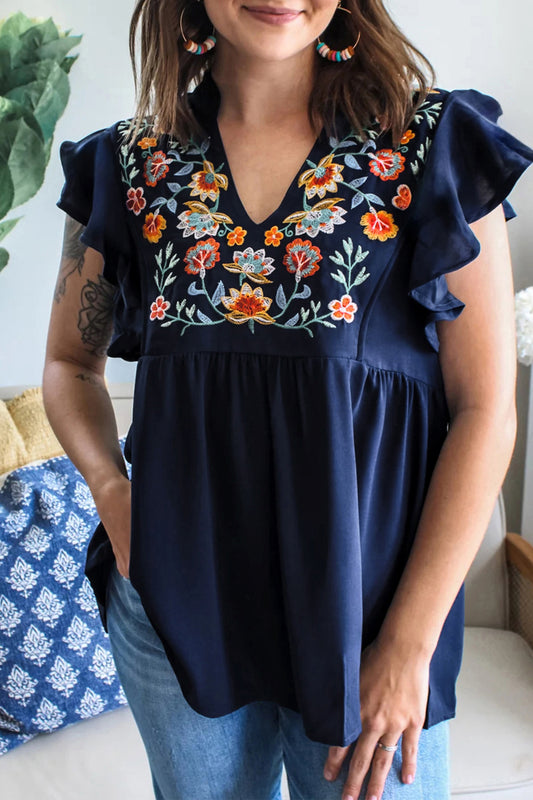 Dirty Blue V Neck Ruffled Sleeve Floral Embroidered Detail Babydoll Blouse