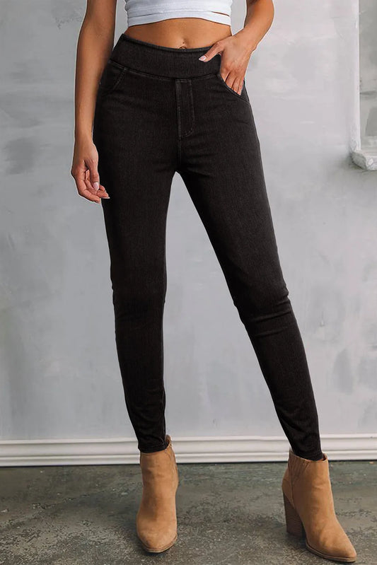 Black Back Pocket Stretchy Denim Casual Leggings - Chic Meadow Boutique 