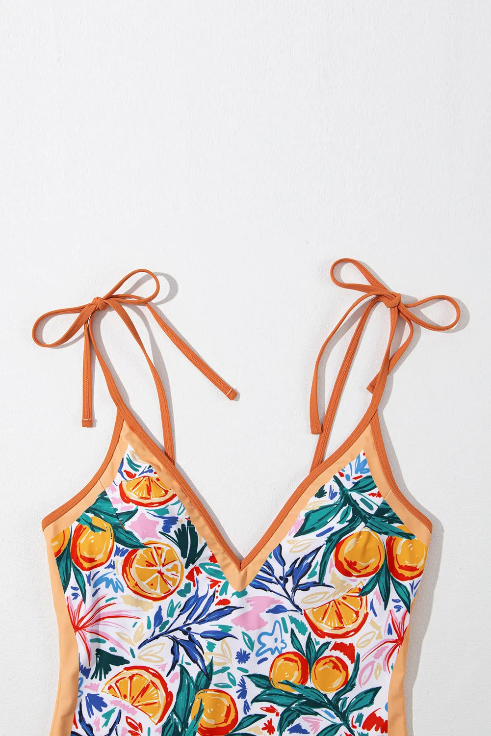 Orange Fruit Plant Print Tied Straps V Neck One Piece Swimsuit - Chic Meadow Boutique 