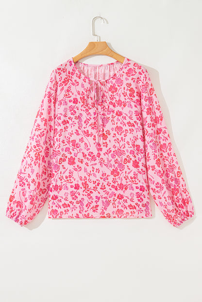 Pink Floral Puff Sleeve Split Neck Lightweight Blouse