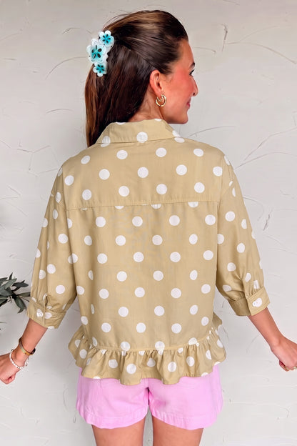 Khaki Polka Dot Print Three Quarter Sleeve Ruffle Hem Casual Shirt