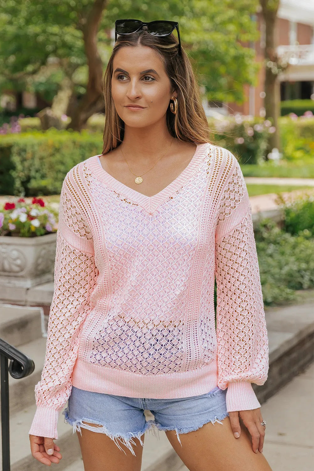 Pink Loose Pointelle Knit Ribbed V Neck Sweater - Chic Meadow Boutique 