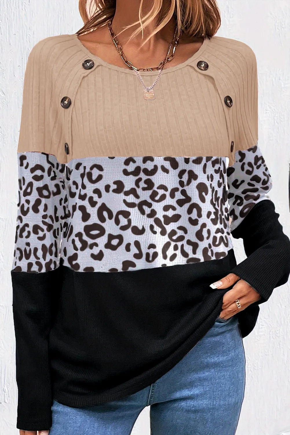 Black Cheetah Textured Patchwork Buttoned Round Neck T Shirt - Chic Meadow Boutique 