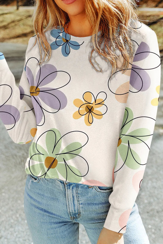 Beige Flower Print Crew Neck Long Sleeve T Shirt - Chic Meadow Boutique 