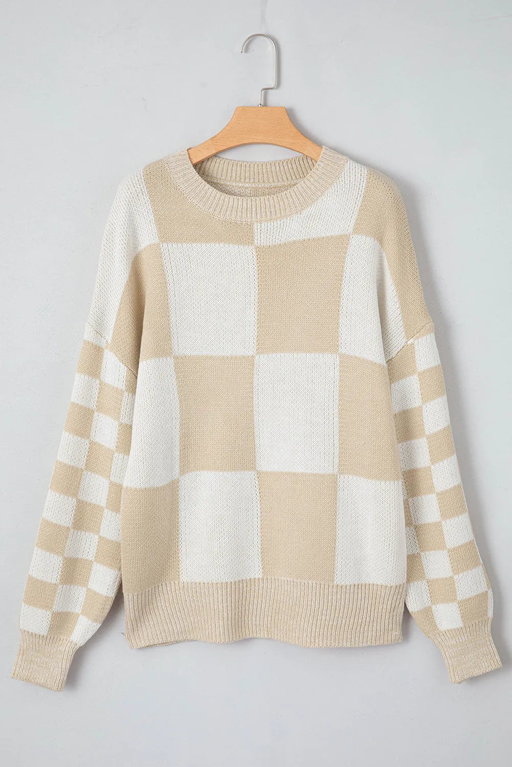 Flaxen Checkered Print Drop Shoulder Sweater - Chic Meadow Boutique 