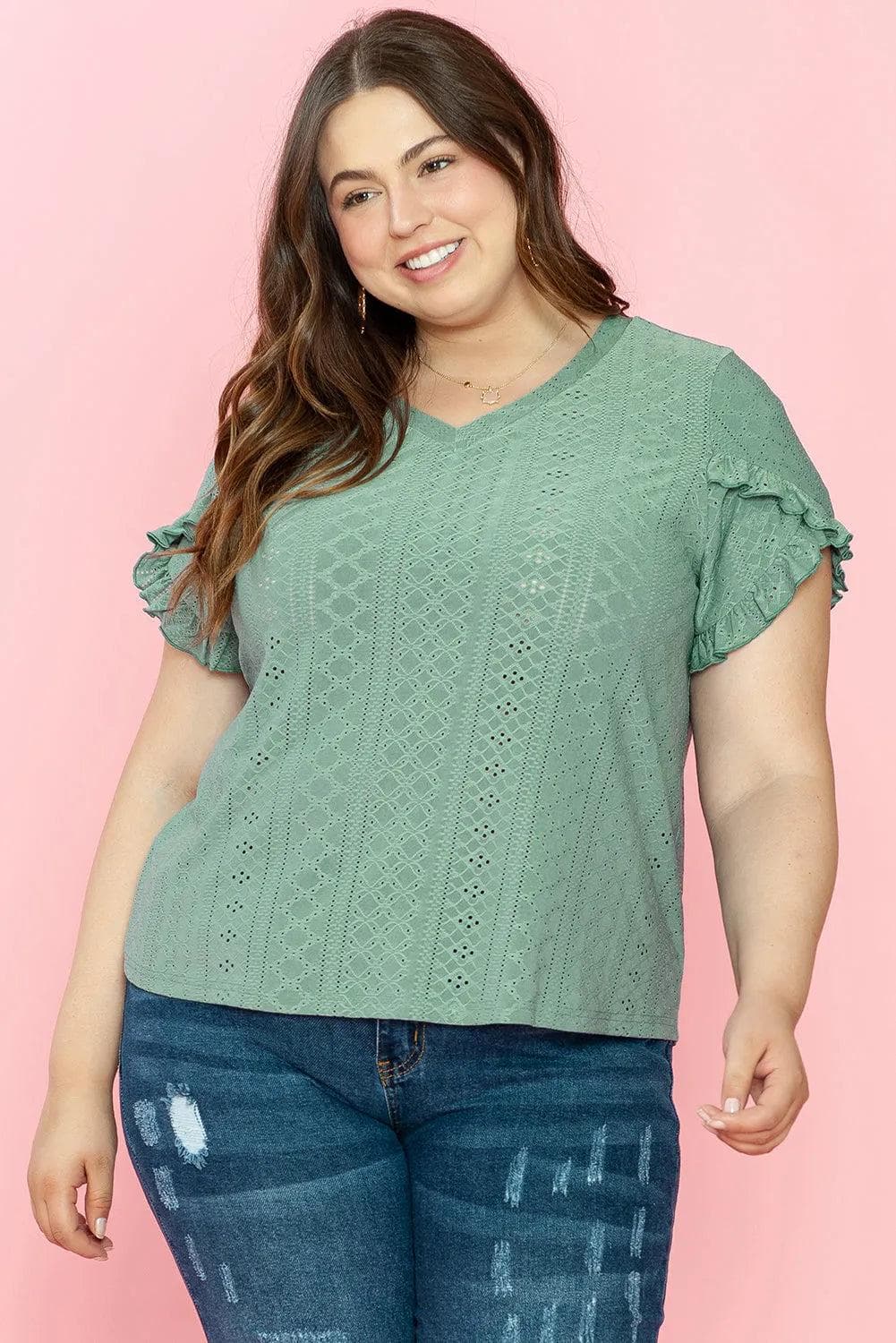 Plus Size/Plus Size Tops/Plus Size Blouses & Shirts Laurel Green Petal Sleeve Jacquard V Neck Curvy Blouse