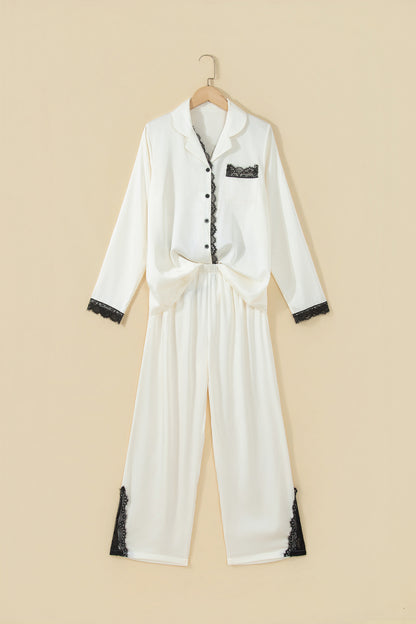 White Long Sleeve Lace Trim Button Front 2pcs Pajama Set