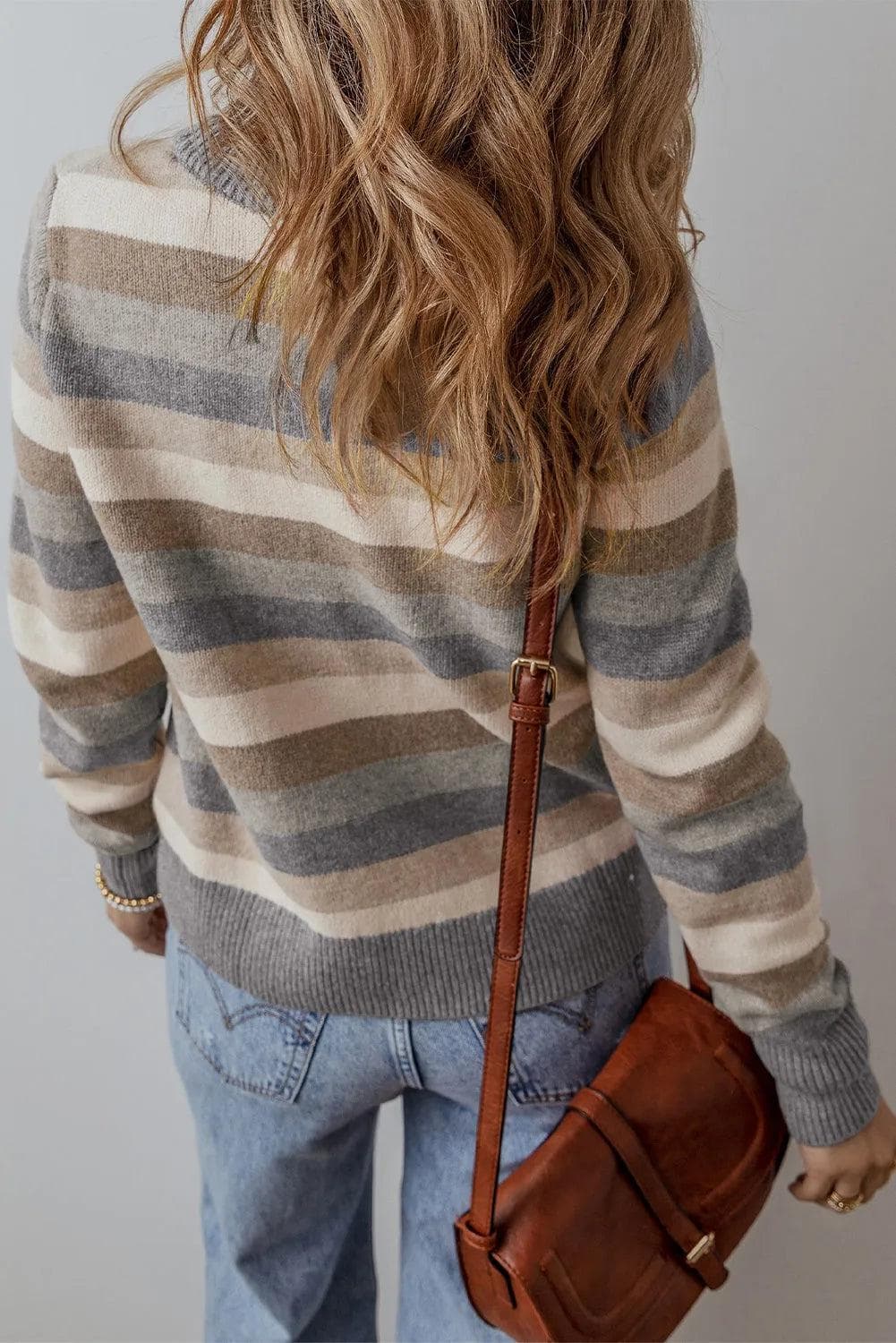 Sweaters & Cardigans/Sweaters Gray Stripe / S / 42%Polyester+28%PBT+20%Acrylic+10%Polyamide Gray Stripe Color Block Ribbed Edge Round Neck Sweater