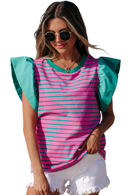 Pink Stripe Colorblock Ruffled Sleeve Crew Neck Blouse