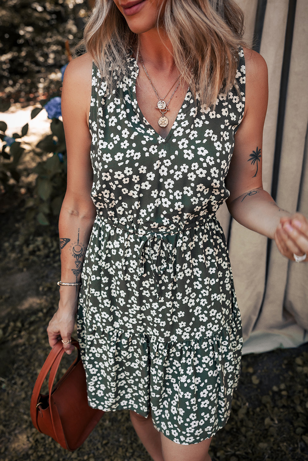 Green Boho Floral Print V Neck Tunic Sleeveless Dress