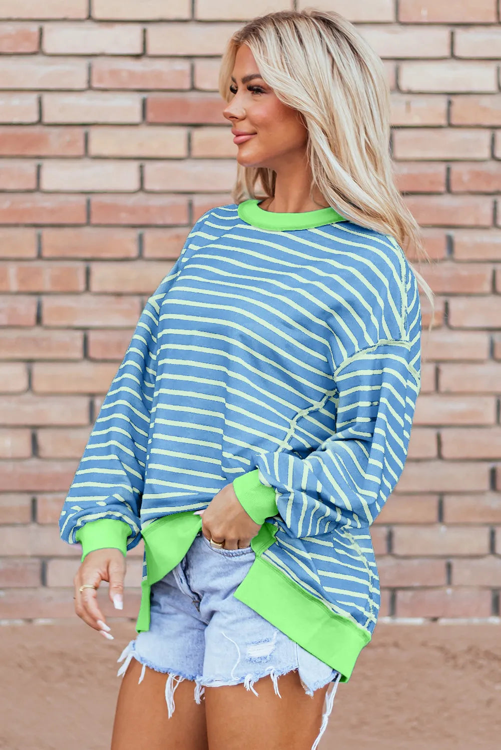 Sky Blue Stripe Contrast Trim High Low Pullover Tunic Sweatshirt - Chic Meadow Boutique 