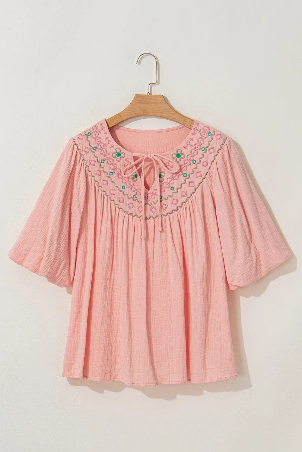 Apricot Pink Geometric Embroidered V Neck Puff Sleeve Blouse - Chic Meadow Boutique 