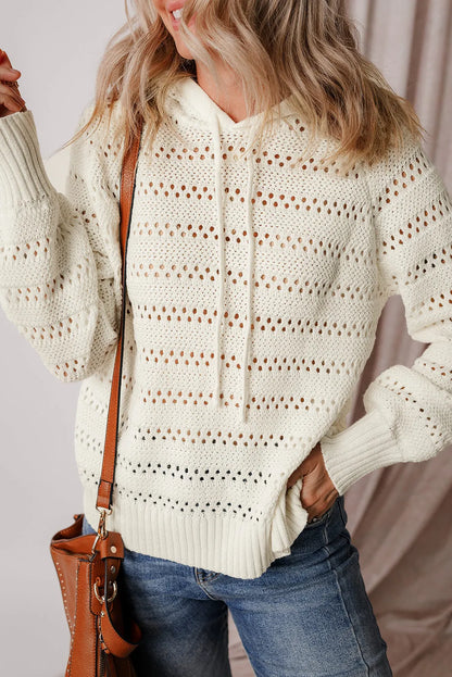 White Pointelle Knit Raglan Sleeve Hooded Sweater - Chic Meadow Boutique 