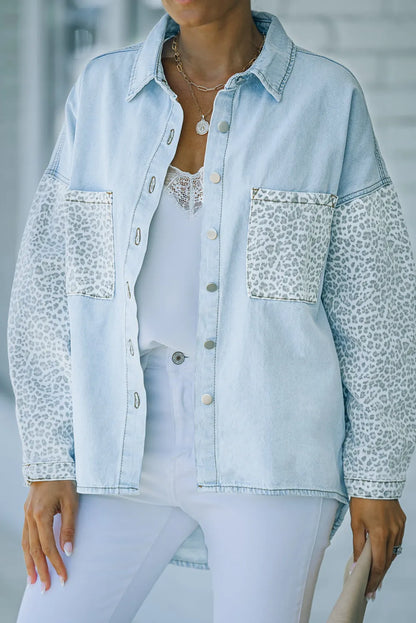 Sky Blue Contrast Leopard Denim Jacket - Chic Meadow Boutique 