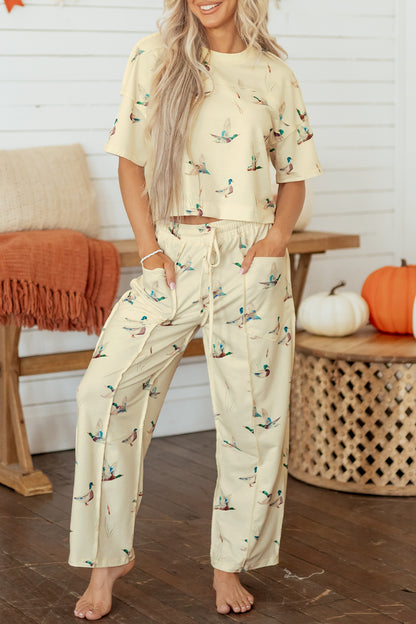 Beige Duck Print Short Sleeve Top Pocket Pants 2pcs Casual Set