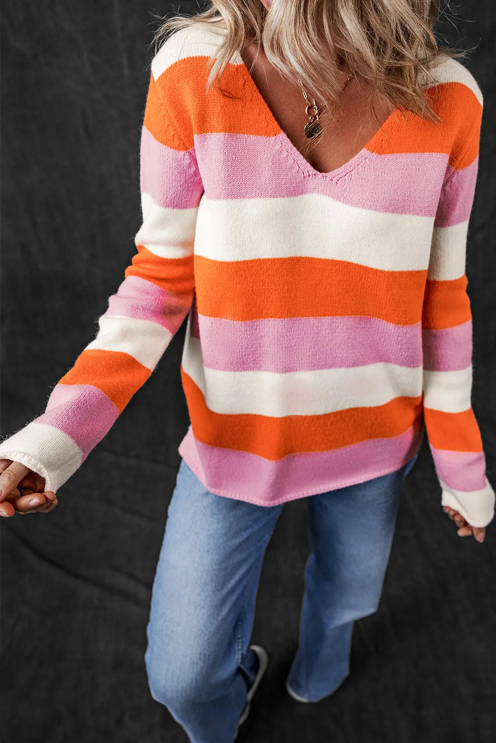 Orange Stripe Colorblock V Neck Casual Sweater - Chic Meadow Boutique 