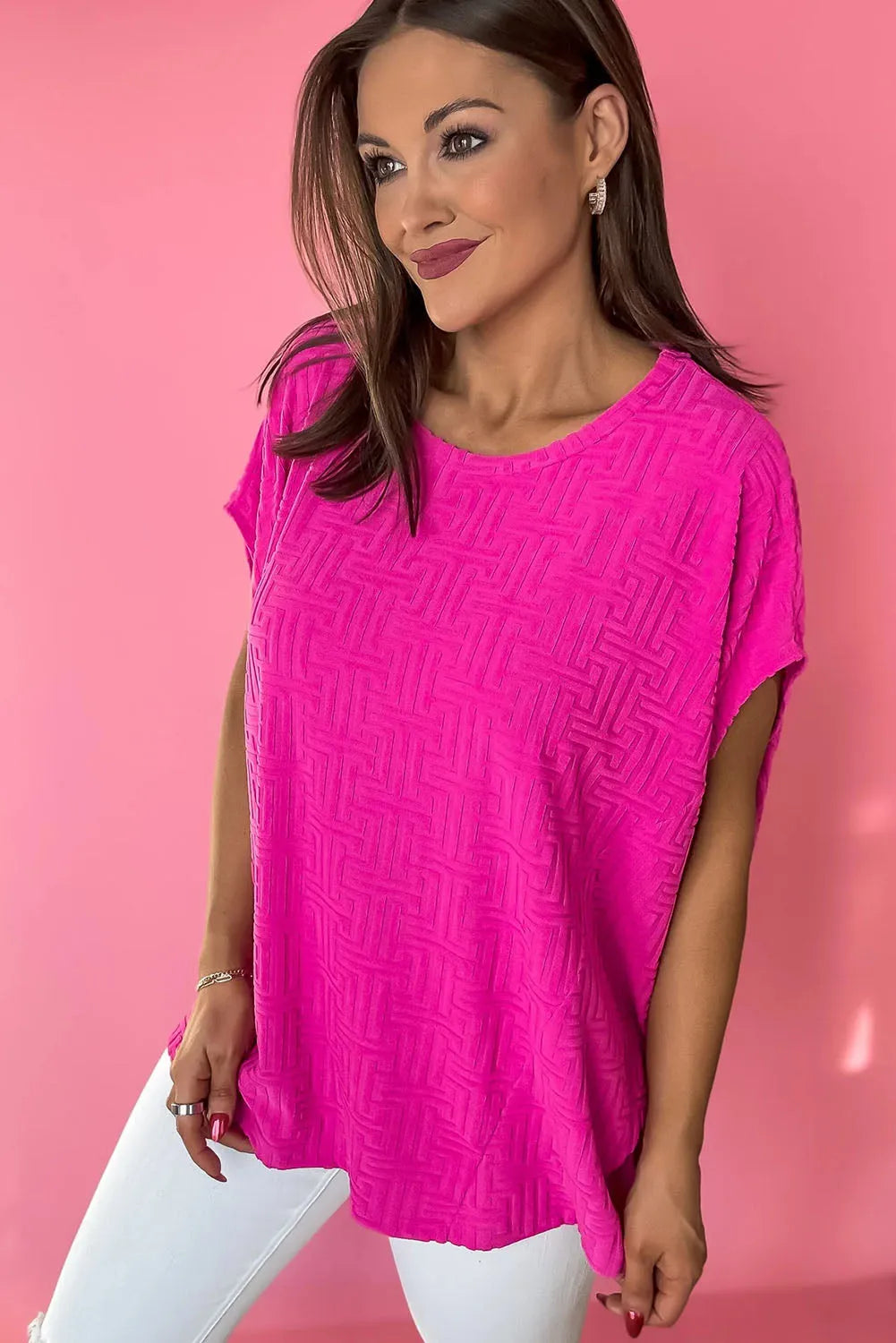 Rose Red Textured Round Neck T Shirt - Chic Meadow Boutique 