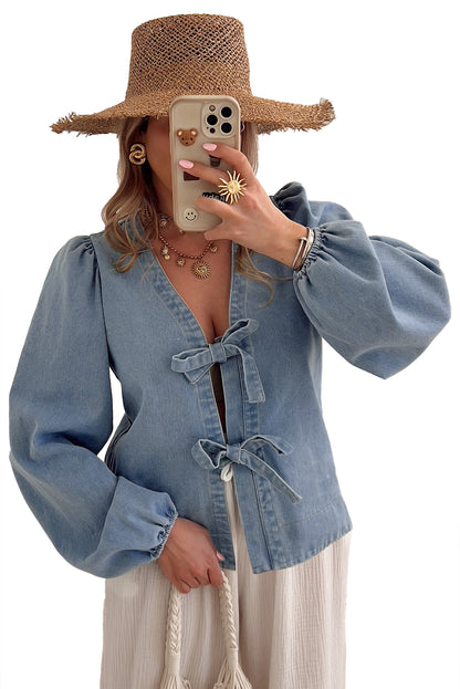 Dusk Blue Tied Front Long Puff Sleeve Denim Top