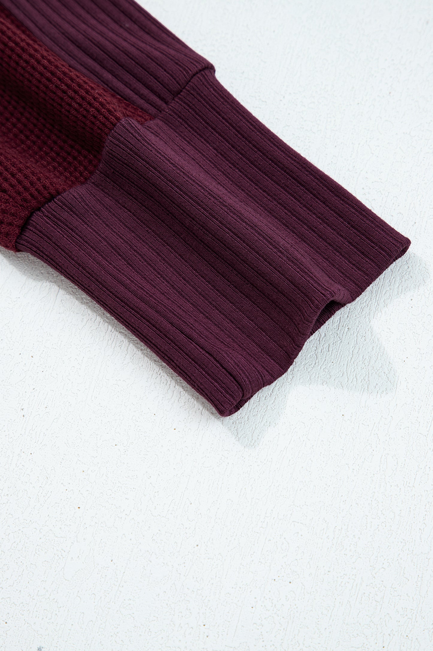 Burgundy Waffle Splicing Zip Up Front Button Hooded Jacket