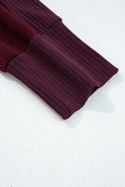 Burgundy Waffle Splicing Zip Up Front Button Hooded Jacket