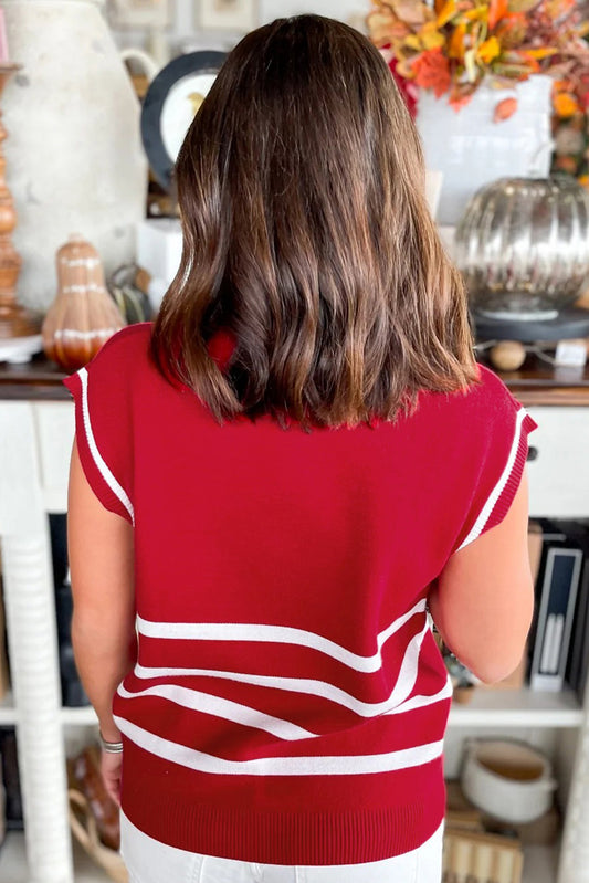 Fiery Red Quarter Zip Striped Detail Short Sleeve Sweater