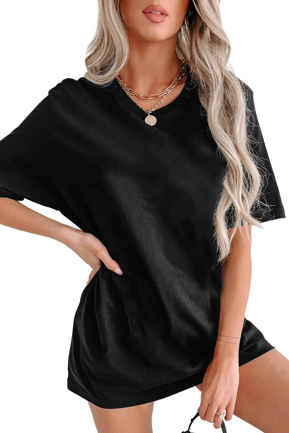 Black Solid Color Round Neck Basic Tunic T Shirt - Chic Meadow Boutique 