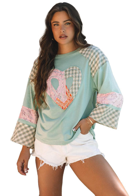 Tops/Long Sleeve Tops Clearly Aqua Plaid Floral Peace Heart Graphic Wide Long Sleeve Top