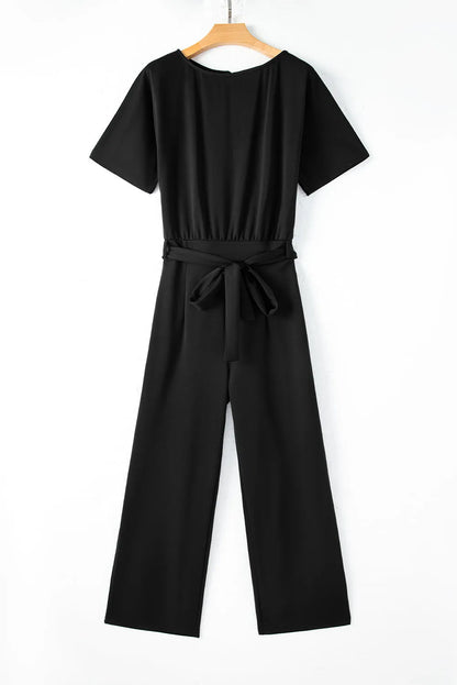 Black Belted Wide Leg Jumpsuit - Chic Meadow Boutique 