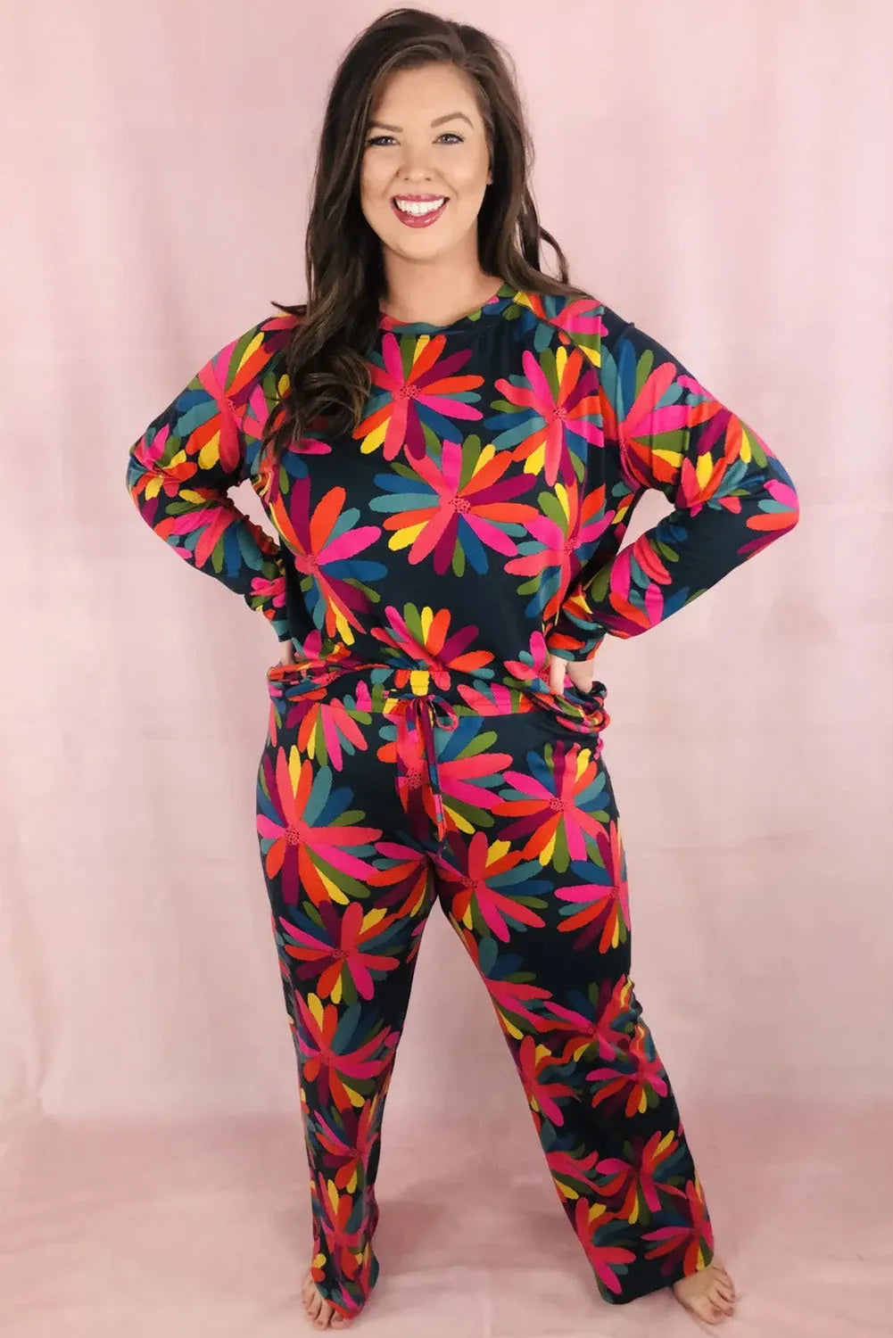 Black Plus Size Printed Long Sleeve and Pants Lounge Set - Chic Meadow Boutique 