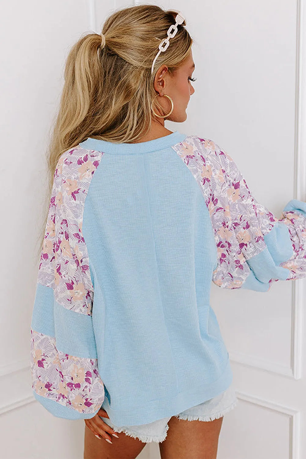 Beau Blue Textured Floral Patchwork Balloon Sleeve Blouse - Chic Meadow Boutique 