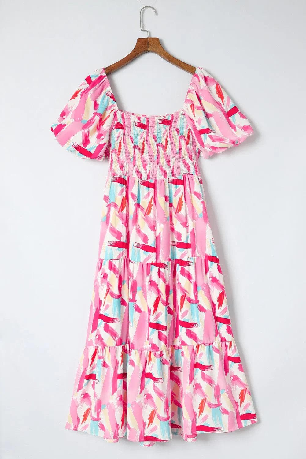 Dresses/Midi Dresses Pink Brush Stroke Printed Smocked Ruffle Tiered Dress