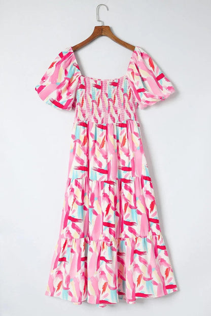 Dresses/Midi Dresses Pink Brush Stroke Printed Smocked Ruffle Tiered Dress